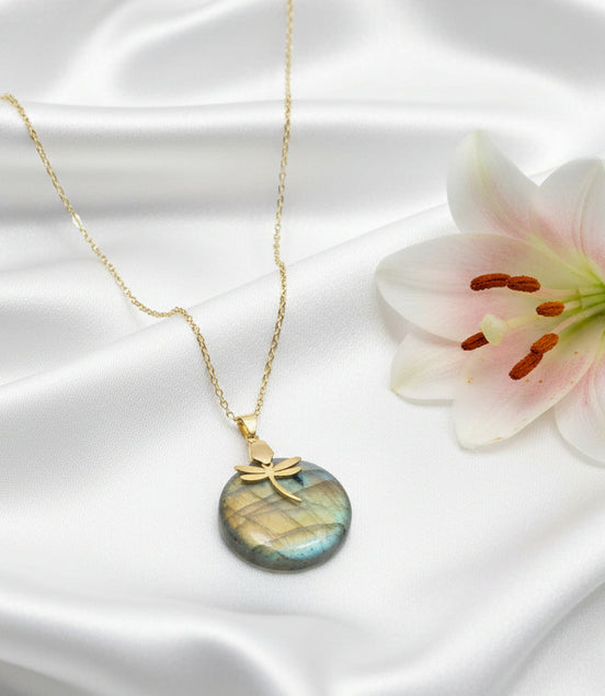 Collier libellule doré labradorite