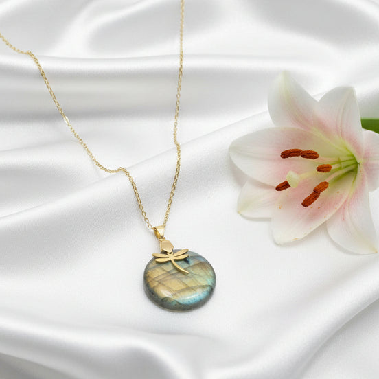 Collier libellule doré labradorite