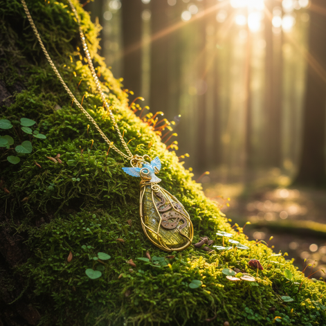 Sautoir doré et labradorite, sertie de cuivre, serpent et phénix.