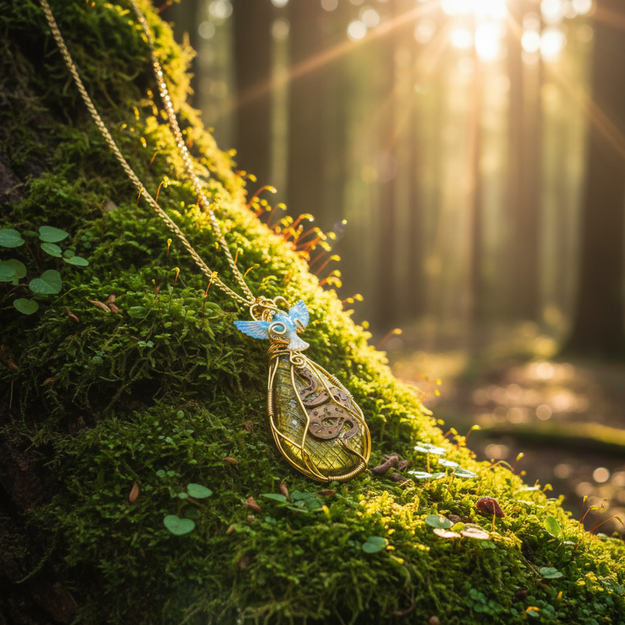 Sautoir doré et labradorite, sertie de cuivre, serpent et phénix.