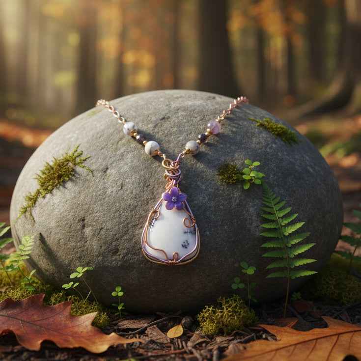 Collier violet et Pendentif en merlinite sertissage cuivre