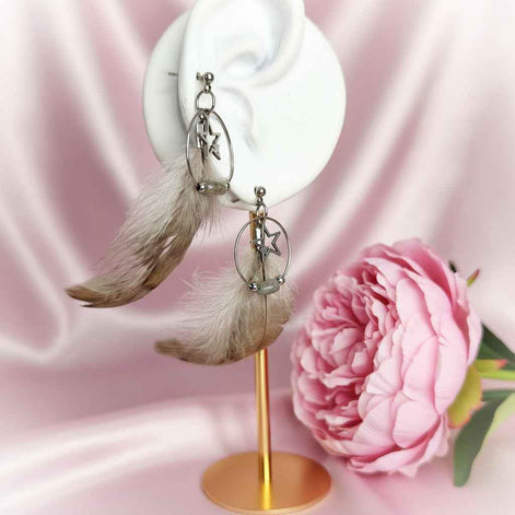 Boucles d'oreilles en labradorite étoile et plume