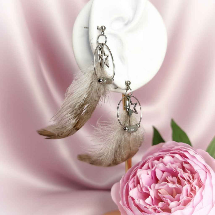 Boucles d'oreilles en labradorite étoile et plume
