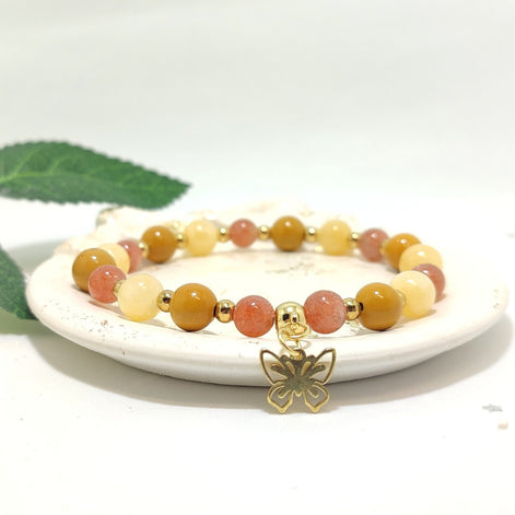 Bracelet procrastination en pierre de soleil, calcite orange, jaspe mokaite