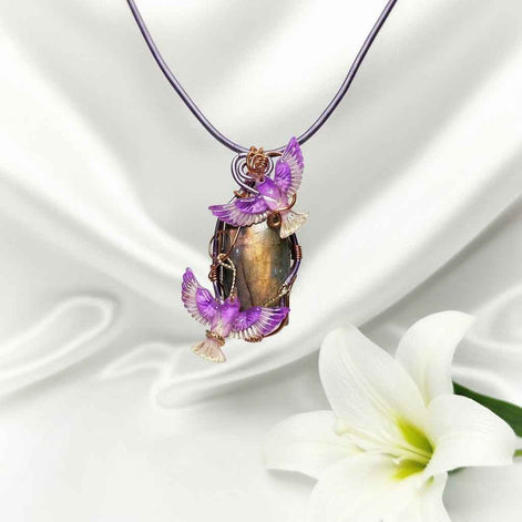Collier phénix et sa labradorite rose sertie