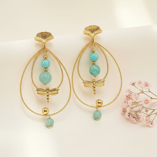 Boucles d'oreilles libellule dorées amazonite