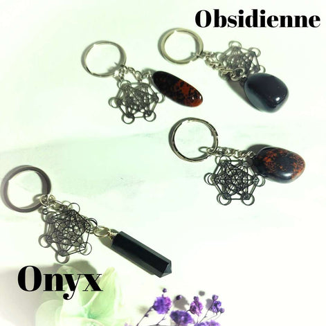 Porte-clés Métatron argenté et pierre de protection