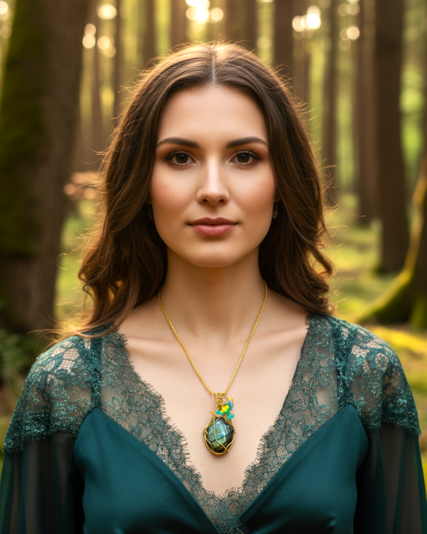 Sautoir doré et labradorite sertie