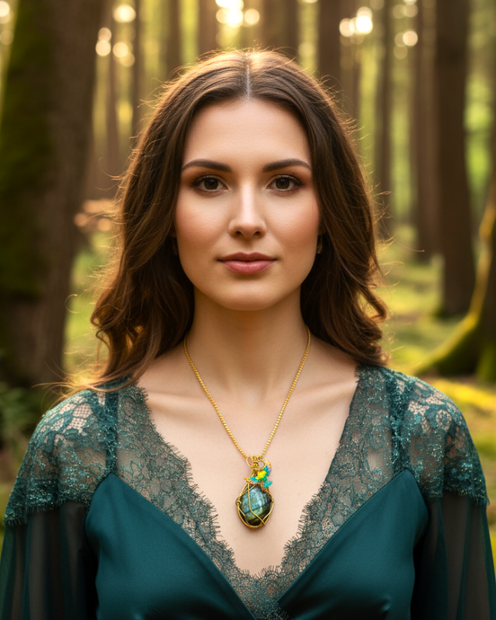 Sautoir doré et labradorite sertie