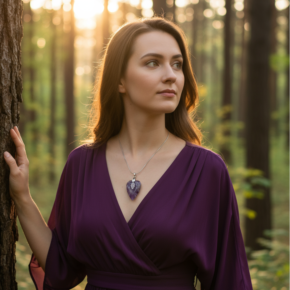 Collier argenté coeur en améthyste