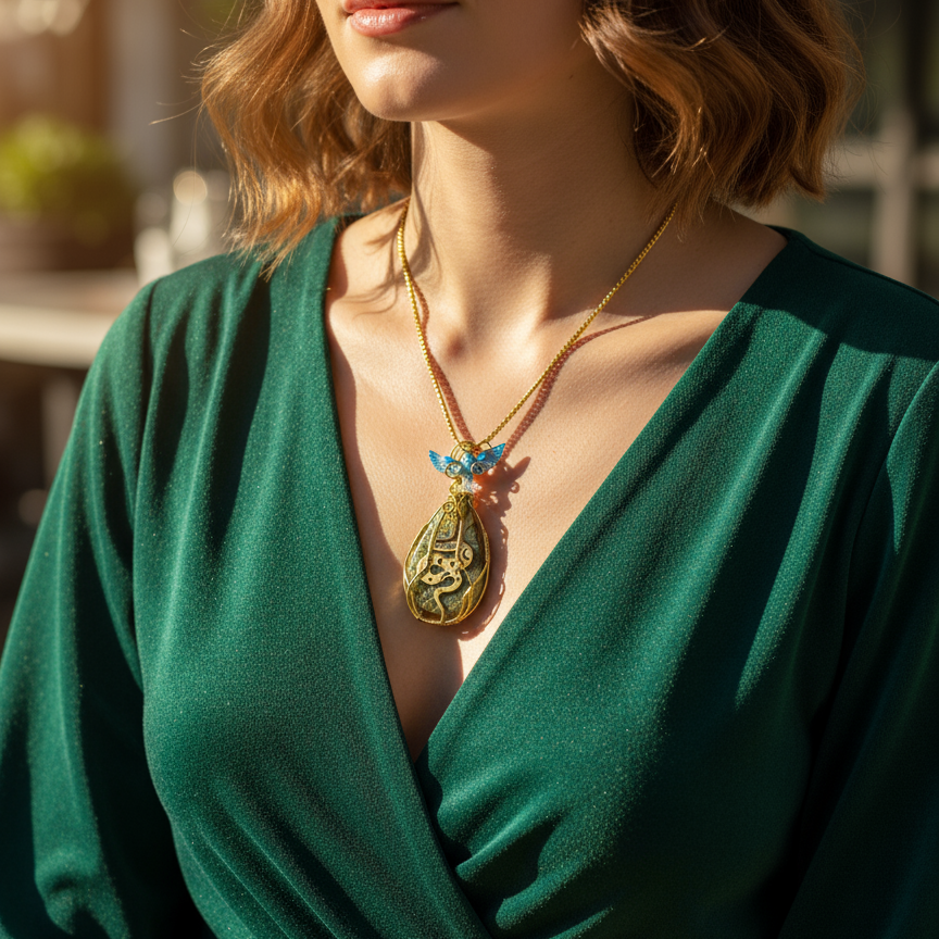 Sautoir doré et labradorite, sertie de cuivre, serpent et phénix.