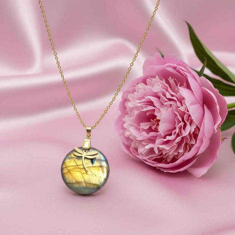 Collier libellule doré et labradorite