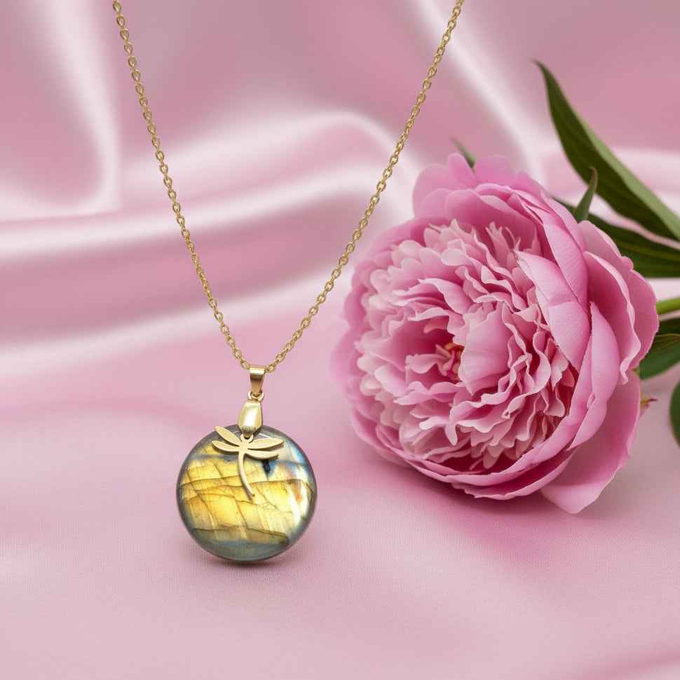 Collier libellule doré et labradorite