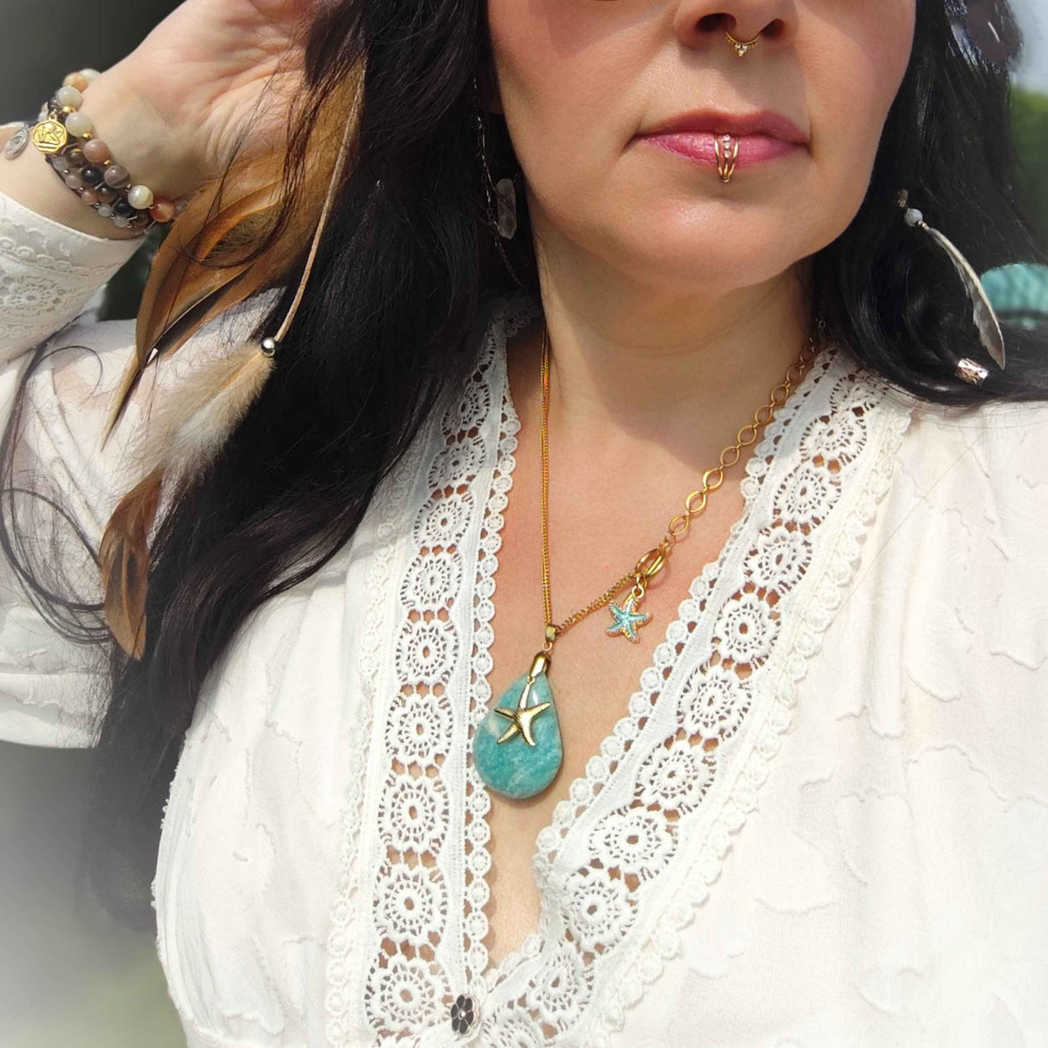 Collier Doré en amazonite, "étoile d Atlantide"