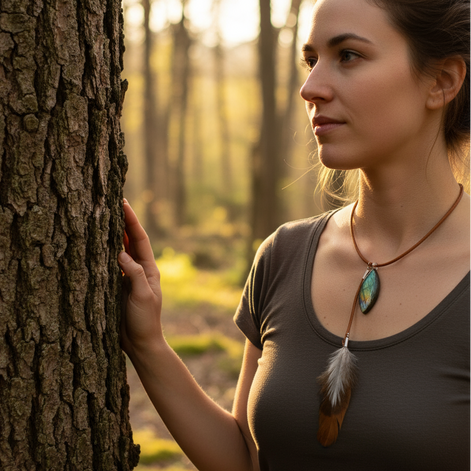 Collier chaman en labradorite cuir naturel et plume sacré