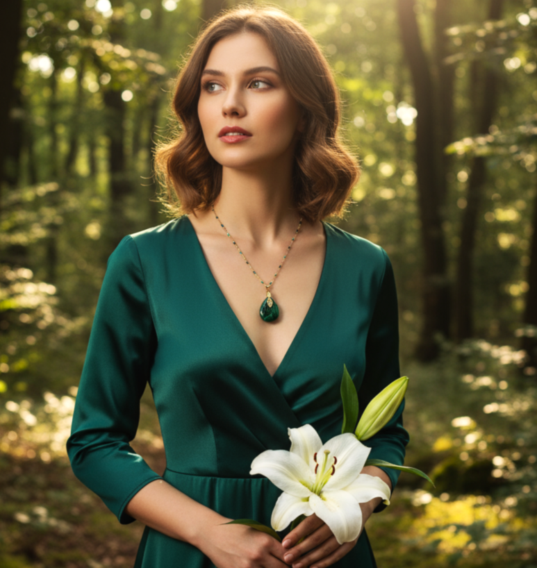 Collier doré en malachite extra et acier inoxydable