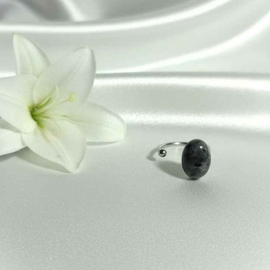 Bague labradorite larvikite et acier inoxydable