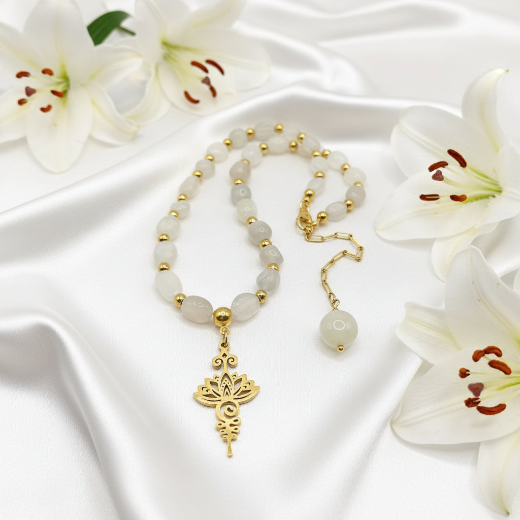 Collier en Pierre de Lune, Fleur de Vie ou Unalome