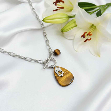 Collier argenté en Œil de Tigre et Hibou