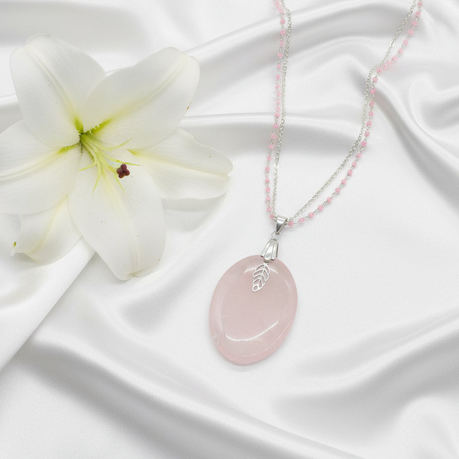 collier argenté quartz rose