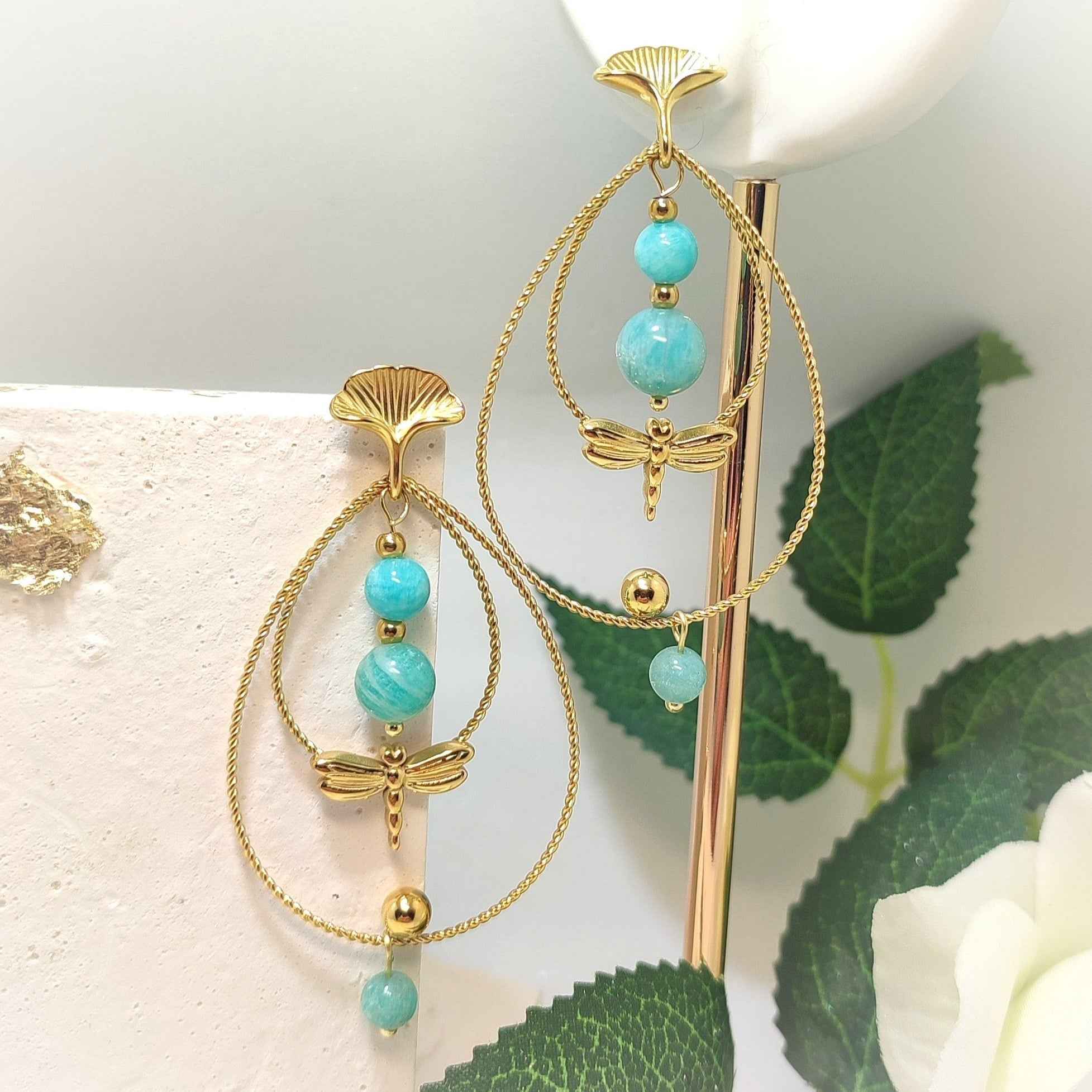 Boucles d'oreilles libellule dorées, pierre au choix
