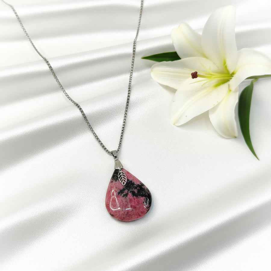 Collier et sa rhodonite extra, doré ou argenté, pierre au choix