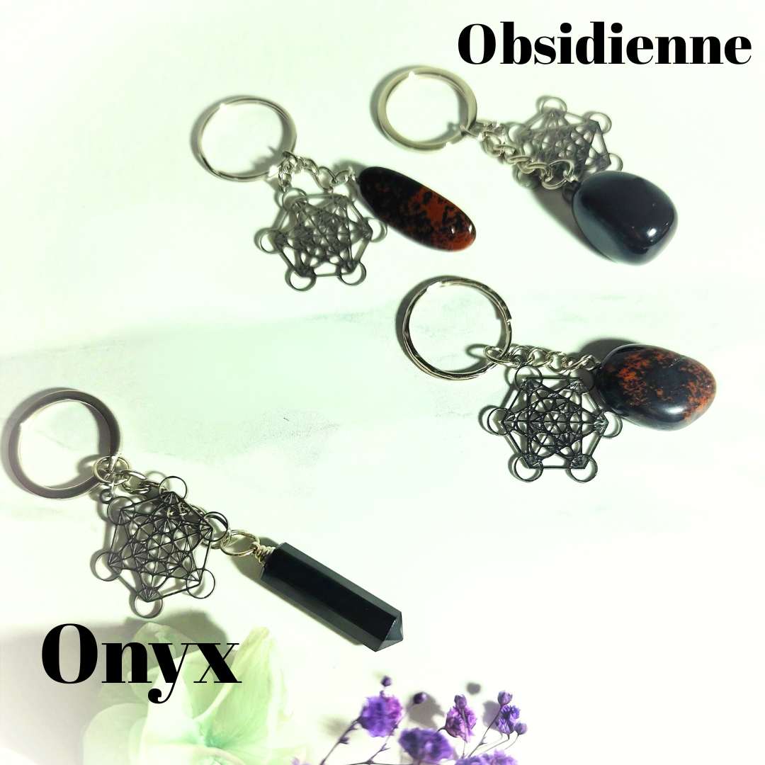 Porte-clés Métatron argenté et pierre de protection