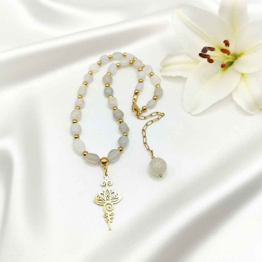 Collier en Pierre de Lune, Fleur de Vie ou Unalome