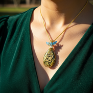 Sautoir doré et labradorite, sertie de cuivre, serpent et phénix.