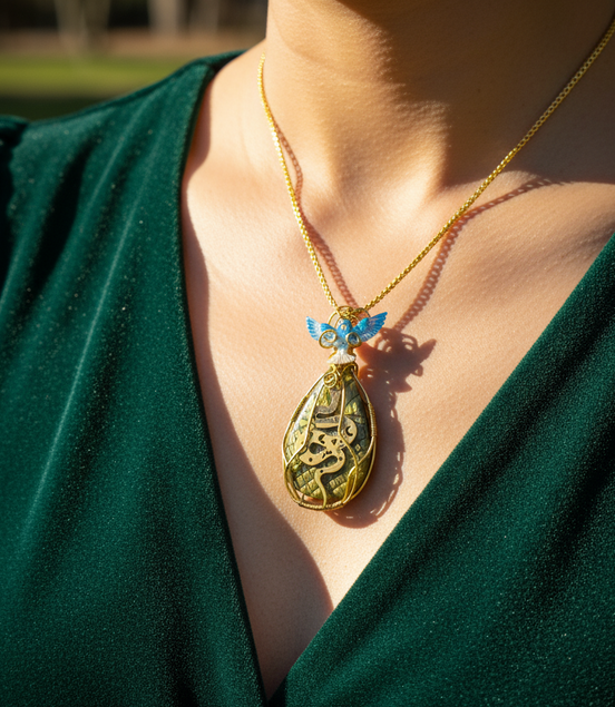 Sautoir doré et labradorite, sertie de cuivre, serpent et phénix.