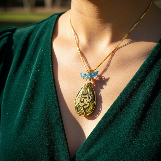 Sautoir doré et labradorite, sertie de cuivre, serpent et phénix.