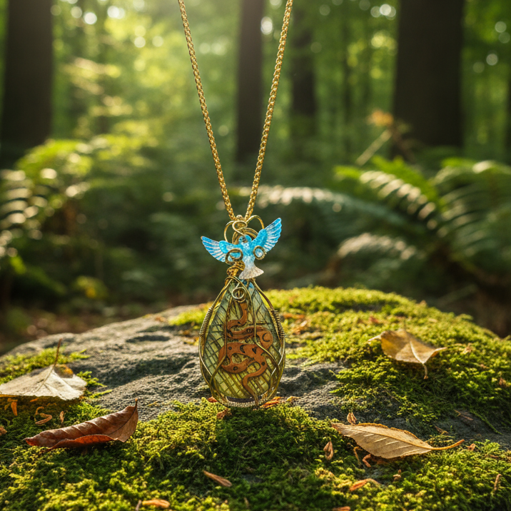 Sautoir doré et labradorite, sertie de cuivre, serpent et phénix.