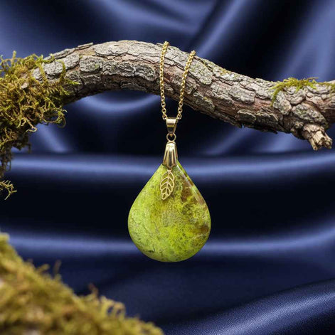 Collier doré opale verte extra, feuille, réglable