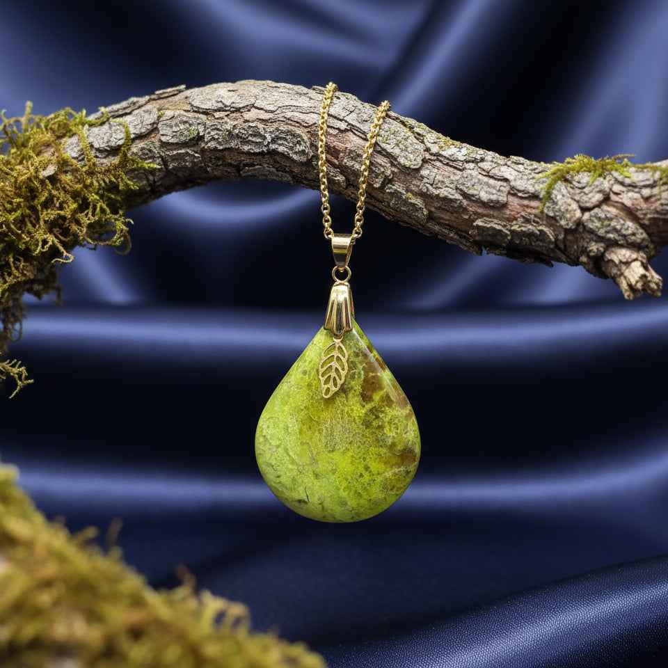 Collier doré opale verte extra, feuille, réglable