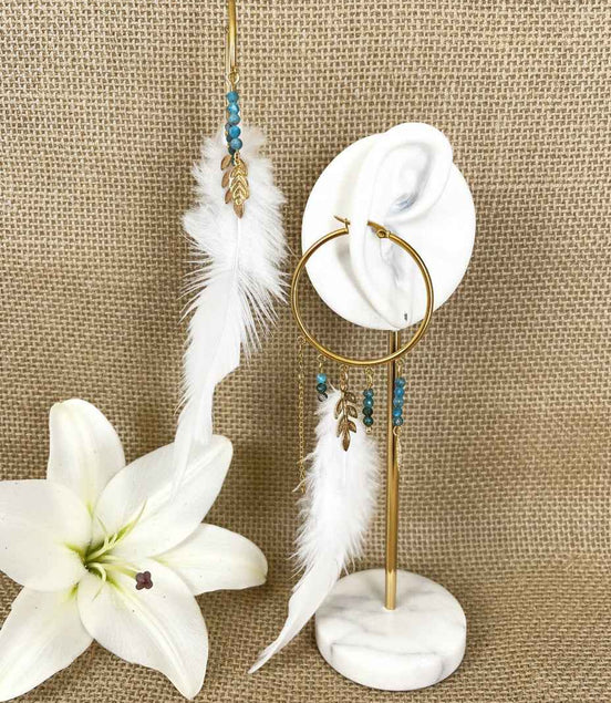 Boucles d'oreilles Enchantée, apatite, plume blanche, dorée