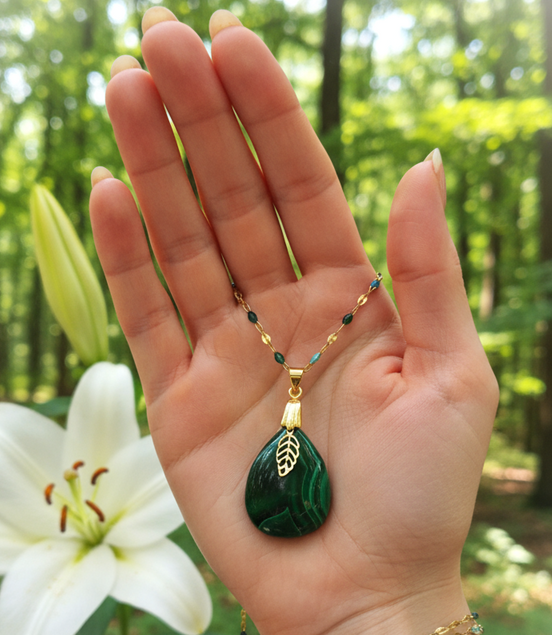 Collier doré en malachite extra et acier inoxydable