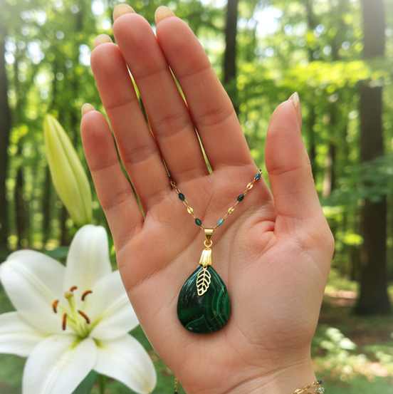 Collier doré en malachite extra et acier inoxydable