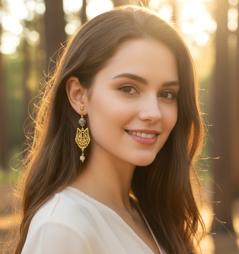 Boucles d'oreilles "Esprit du Loup" en Merlinite & Acier Doré