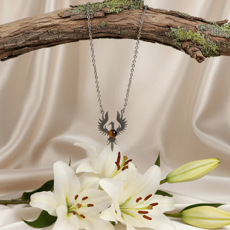 collier phénix acier inoxydable et oeil de tigre homme