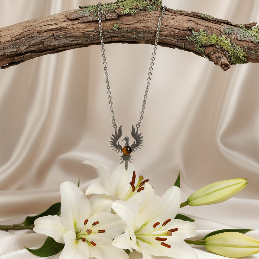 collier phénix acier inoxydable et oeil de tigre homme