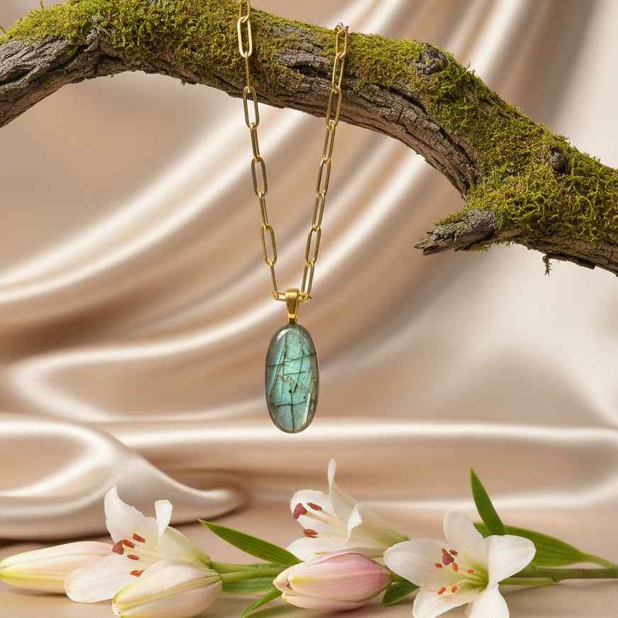 Collier doré et labradorite verte