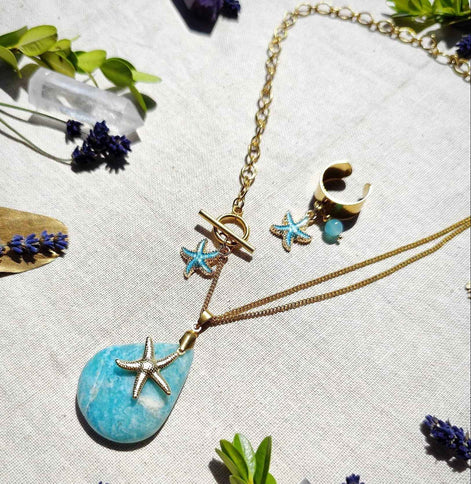 Collier Doré en amazonite, "étoile d Atlantide"