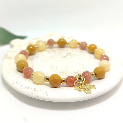 Bracelet procrastination en pierre de soleil, calcite orange, jaspe mokaite