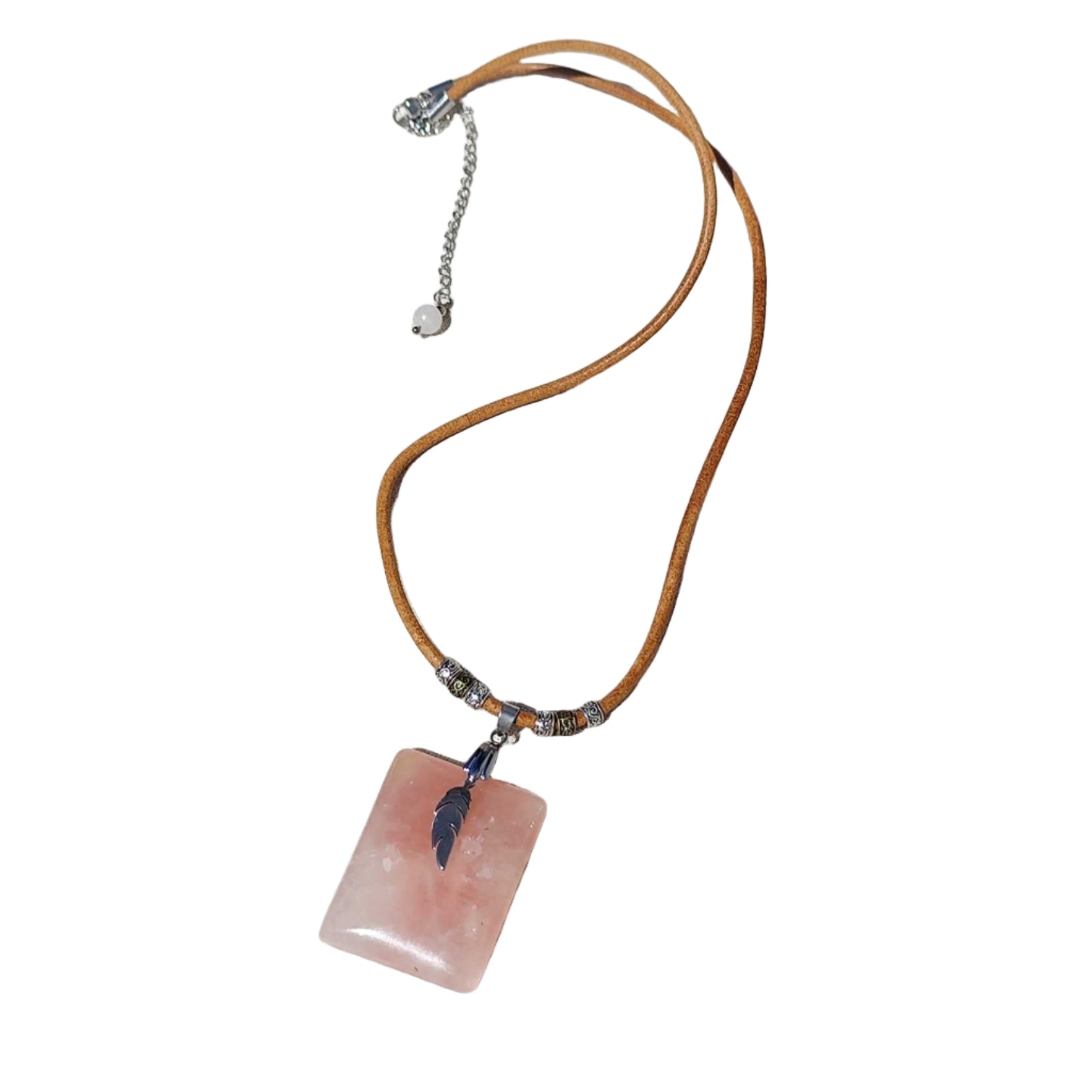 collier cuir et quartz rose homme plume