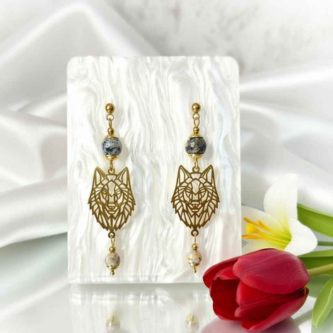 Boucles d'oreilles "Esprit du Loup" en Merlinite & Acier Doré