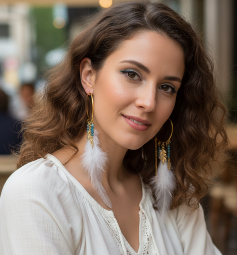 Boucles d'oreilles Enchantée, apatite, plume blanche, dorée