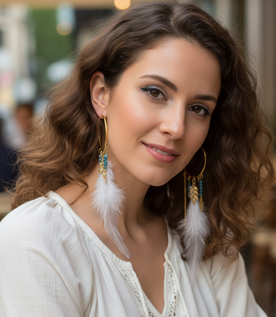 Boucles d'oreilles Enchantée, apatite, plume blanche, dorée