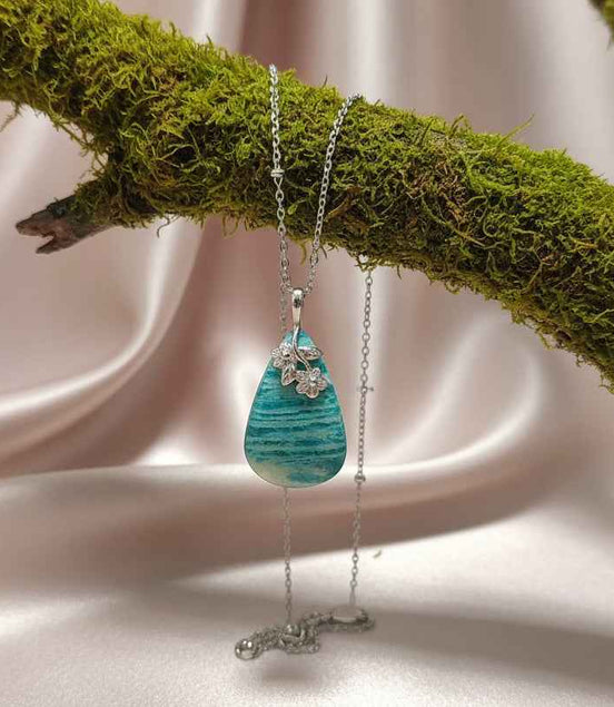 Collier argenté, pierre d'Amazonite extra