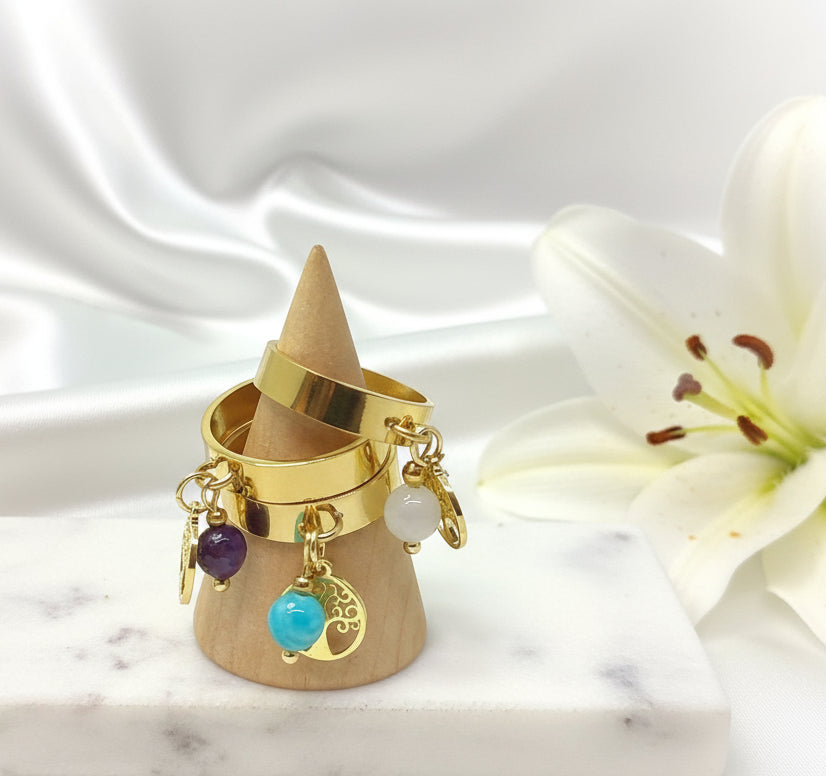 bague acier inoxydable doré et arbre de vie