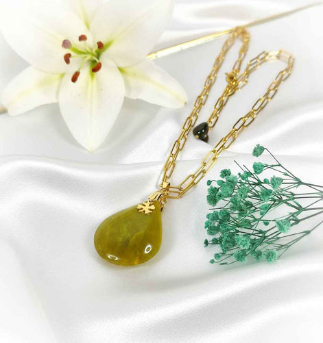 Collier doré opale verte extra, feuille, réglable